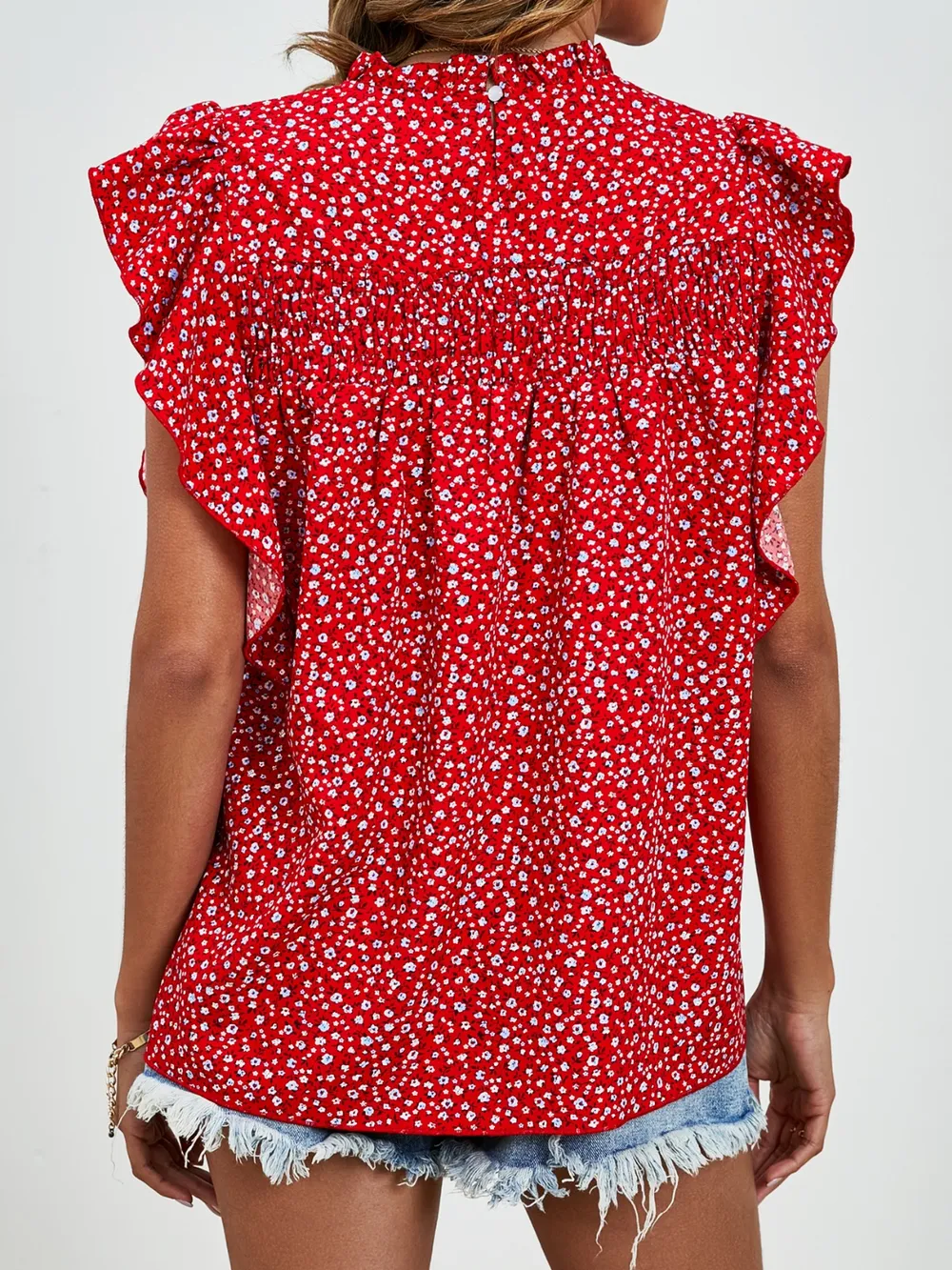 Ruffled Ditsy Floral Mock Neck Cap Sleeve Blouse, image 9