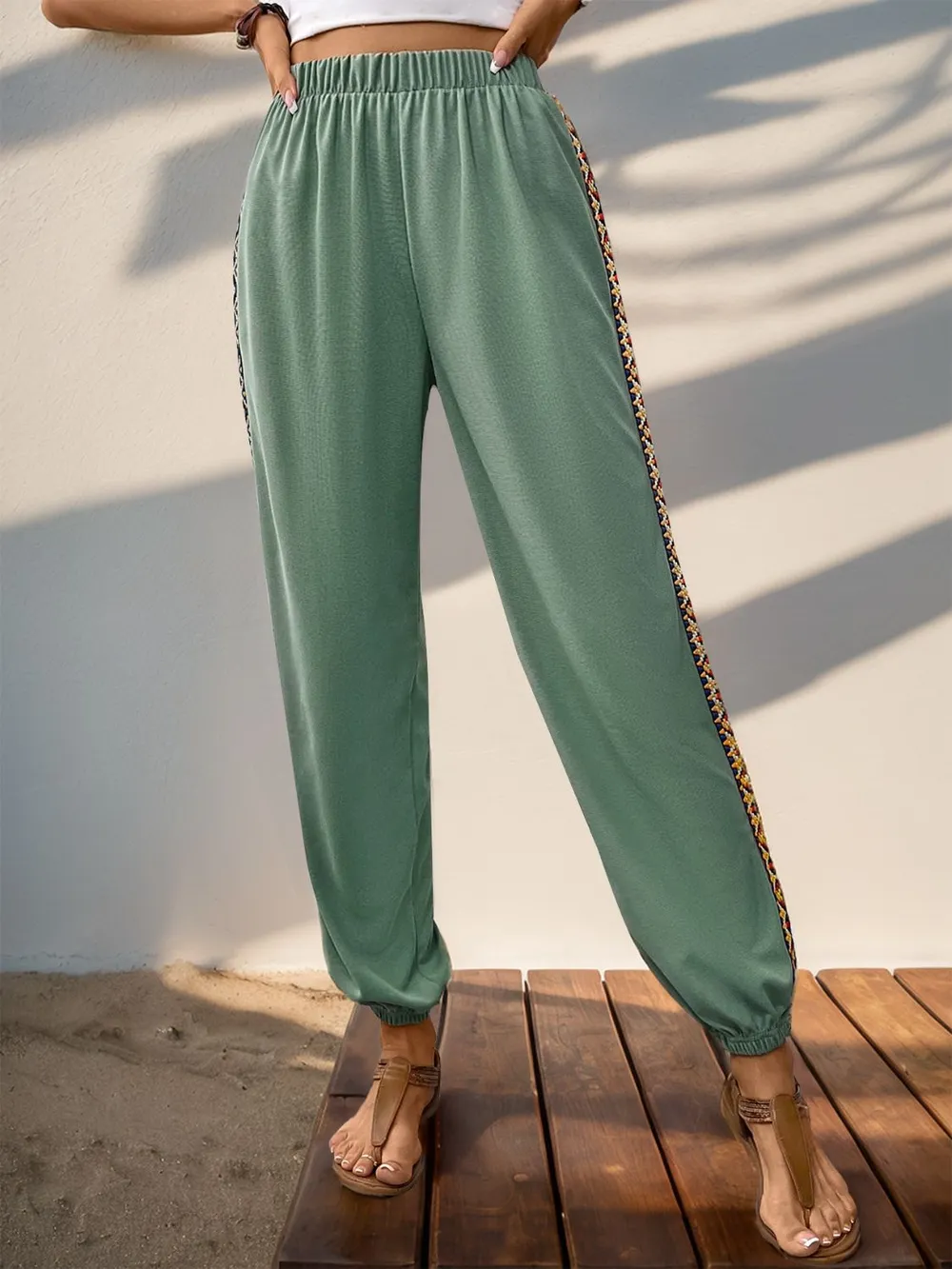 Weave Band Patchwork Elastic Waist Joggers, image 3