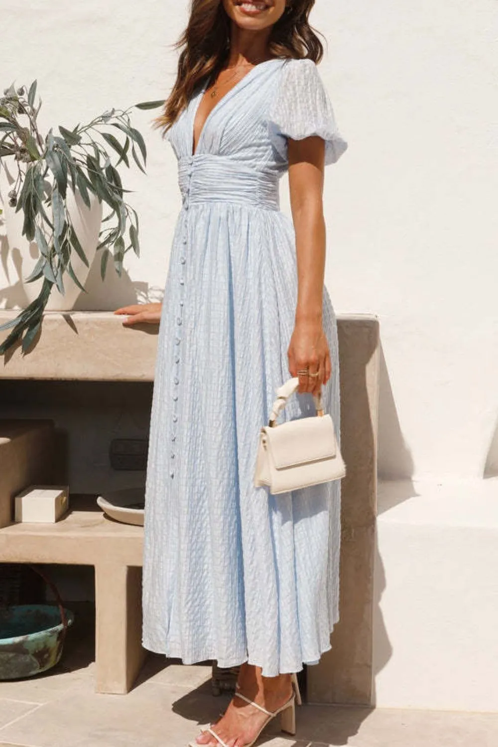 V-Neck Puff Short Sleeve Midi Dress, image 10