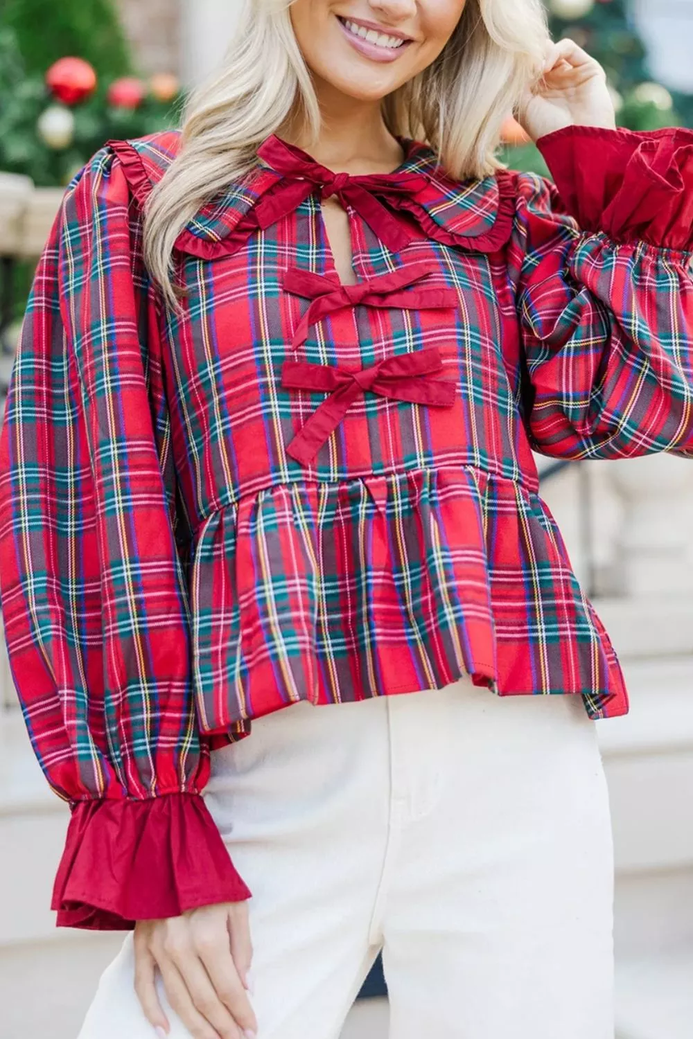 Plaid Tie Neck Ruffle Cuffs Long Sleeve Shift Blouse, image 4
