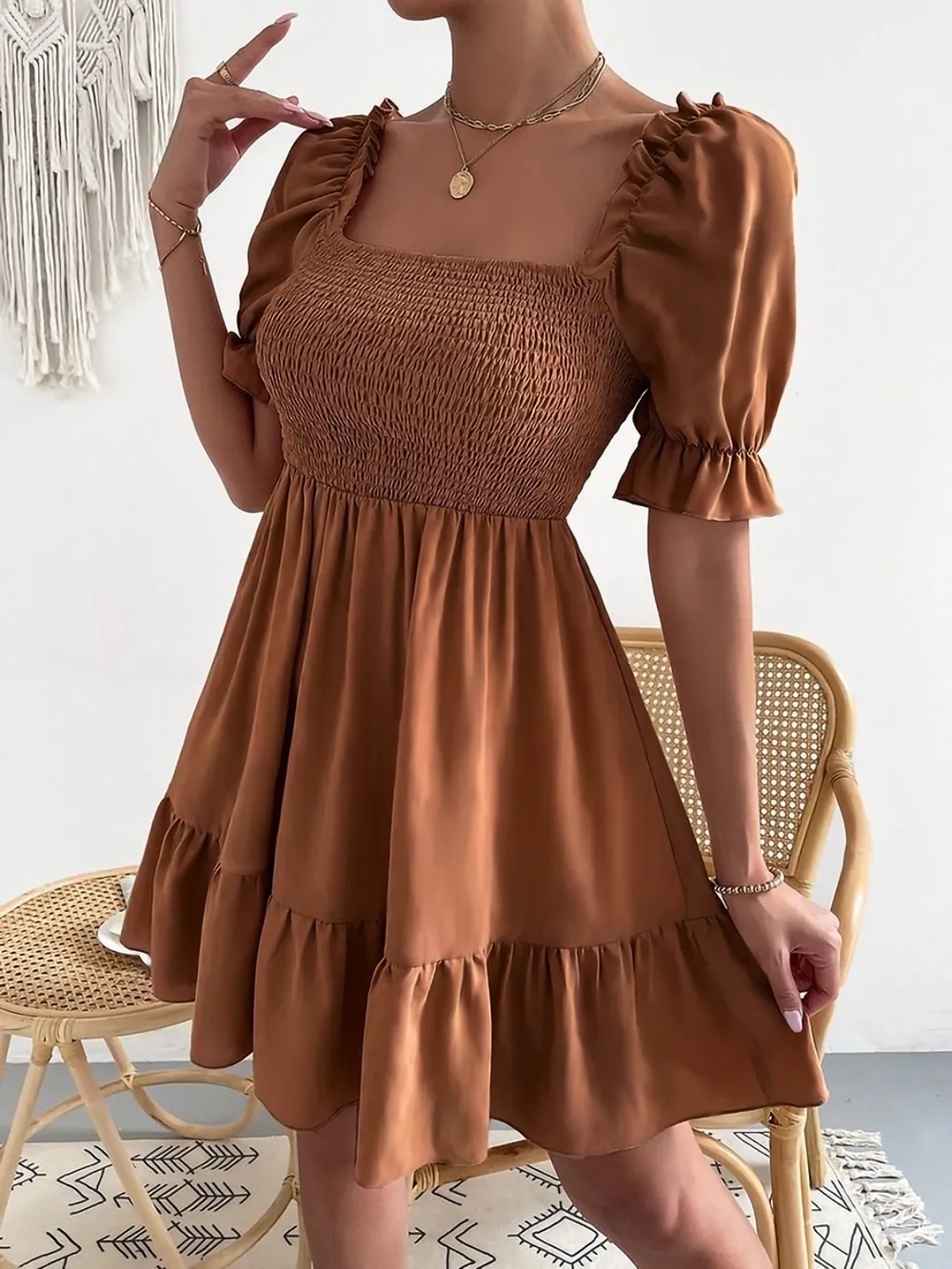 Smocked Square Neck Short Sleeve Dress, image 17