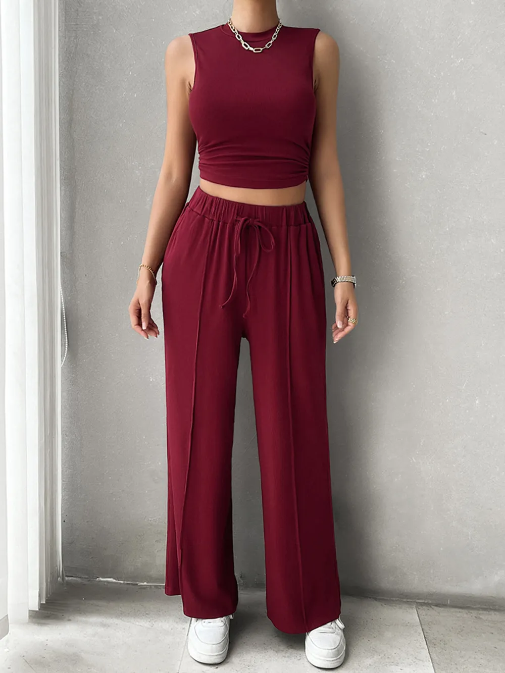 Mock Neck Sleeveless Top and Drawstring Pants Set, image 7
