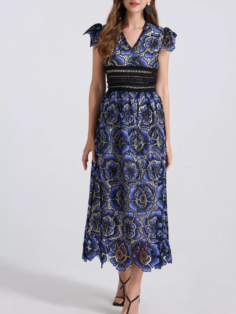 Printed V-Neck Ruffle Sleeve Midi Dress, image 5