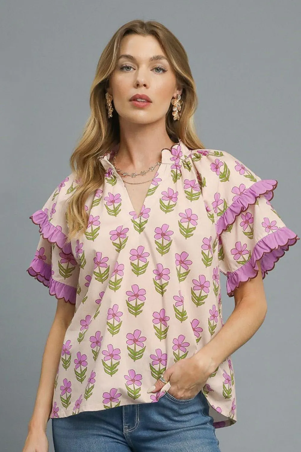 Floral Print Ruffle Short Sleeve Blouse, image 3