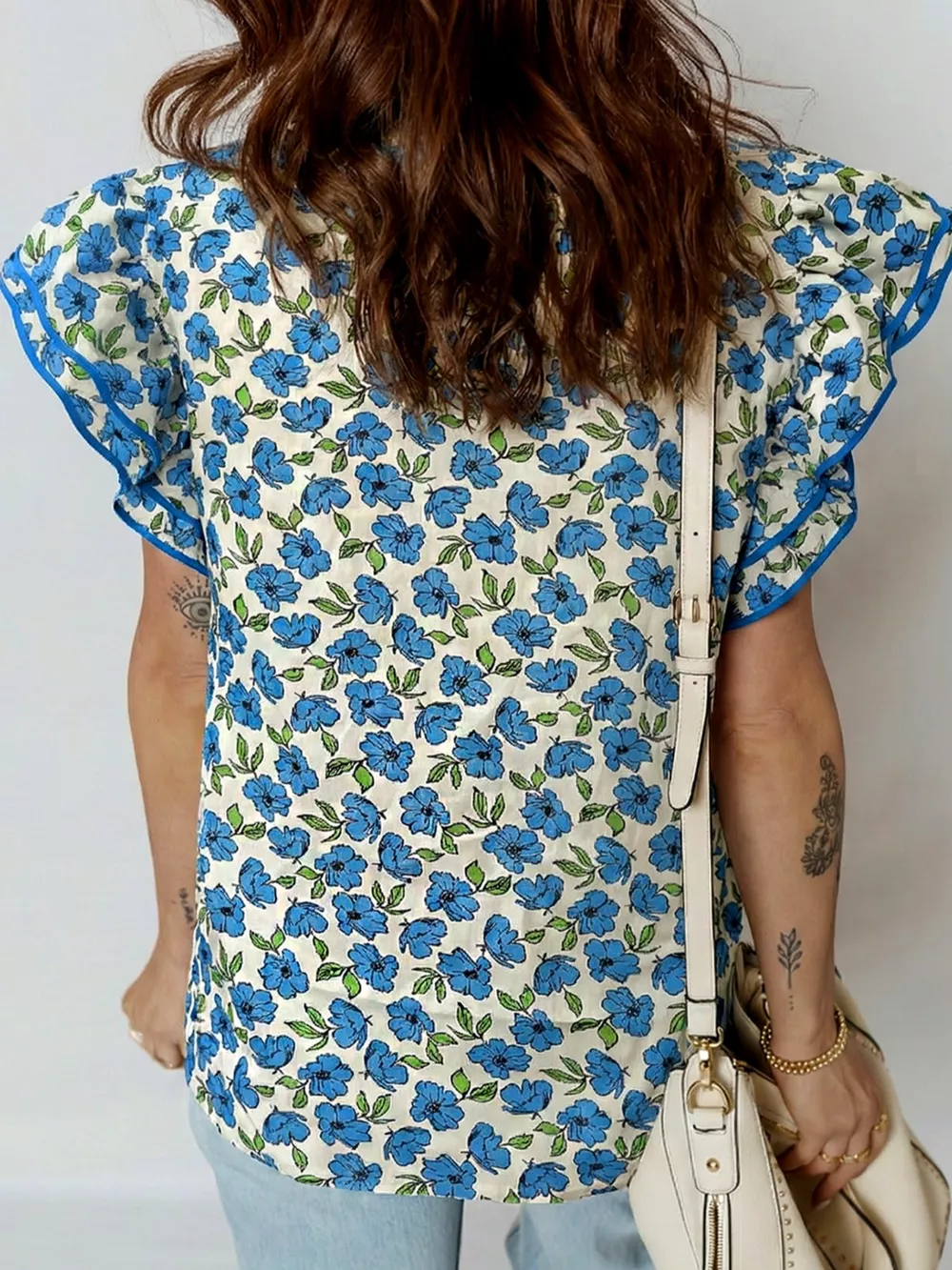 Floral Print Ruffle Sleeve Tie Neck Blouse, image 2