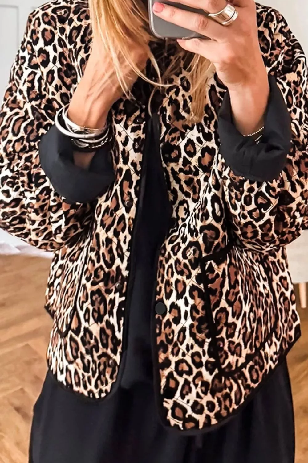 Leopard Print Quilted Button Front Patch Pockets Jacket, image 3