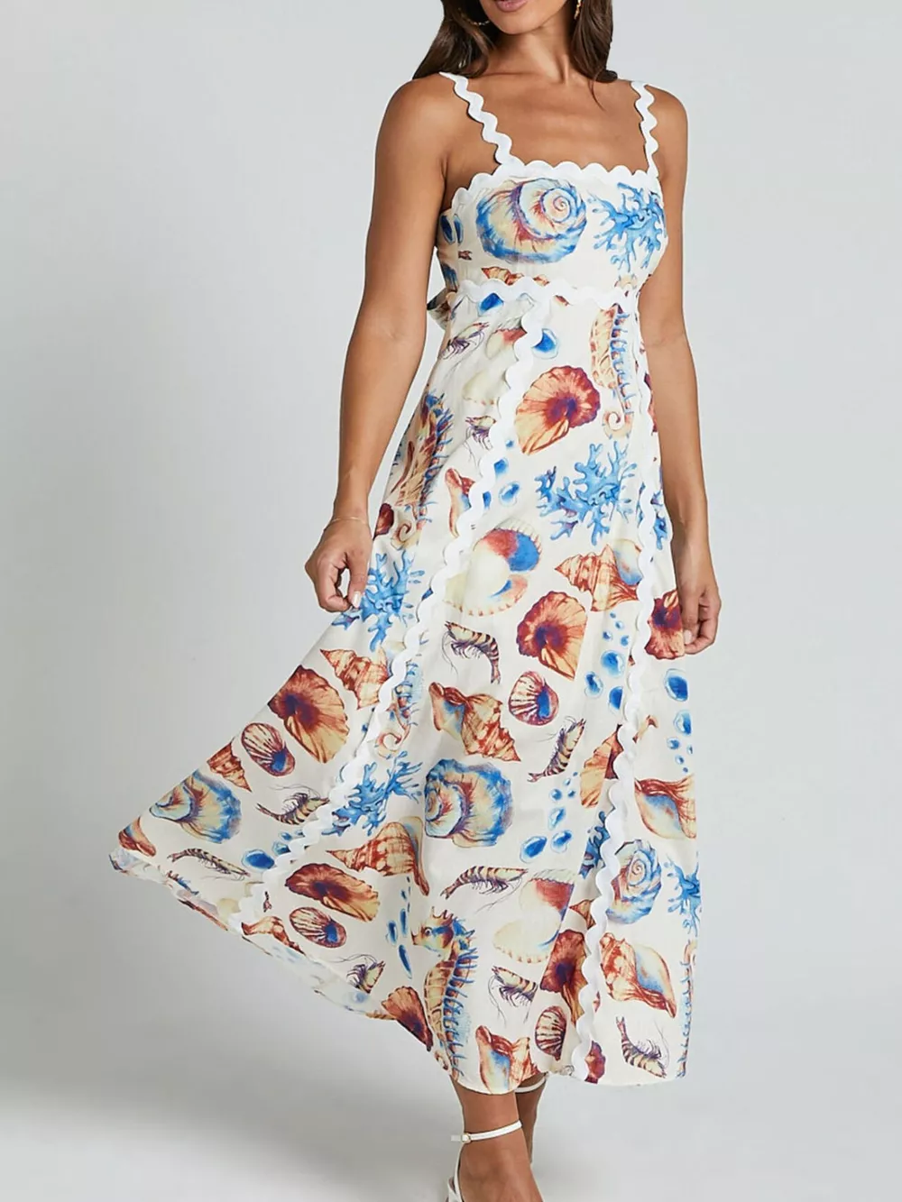 Seashell Print Scalloped Midi Dress, image 3