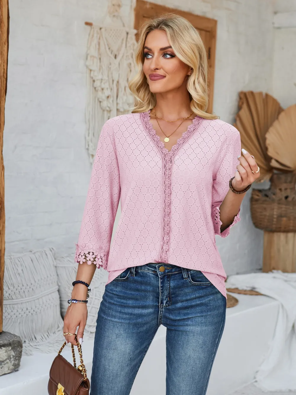 Lace Detail V-Neck Three-Quarter Sleeve Blouse, image 14