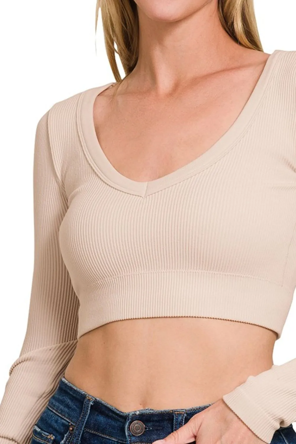 Seamless Fitted Rib V-neck Long Sleeve Crop Top, image 4