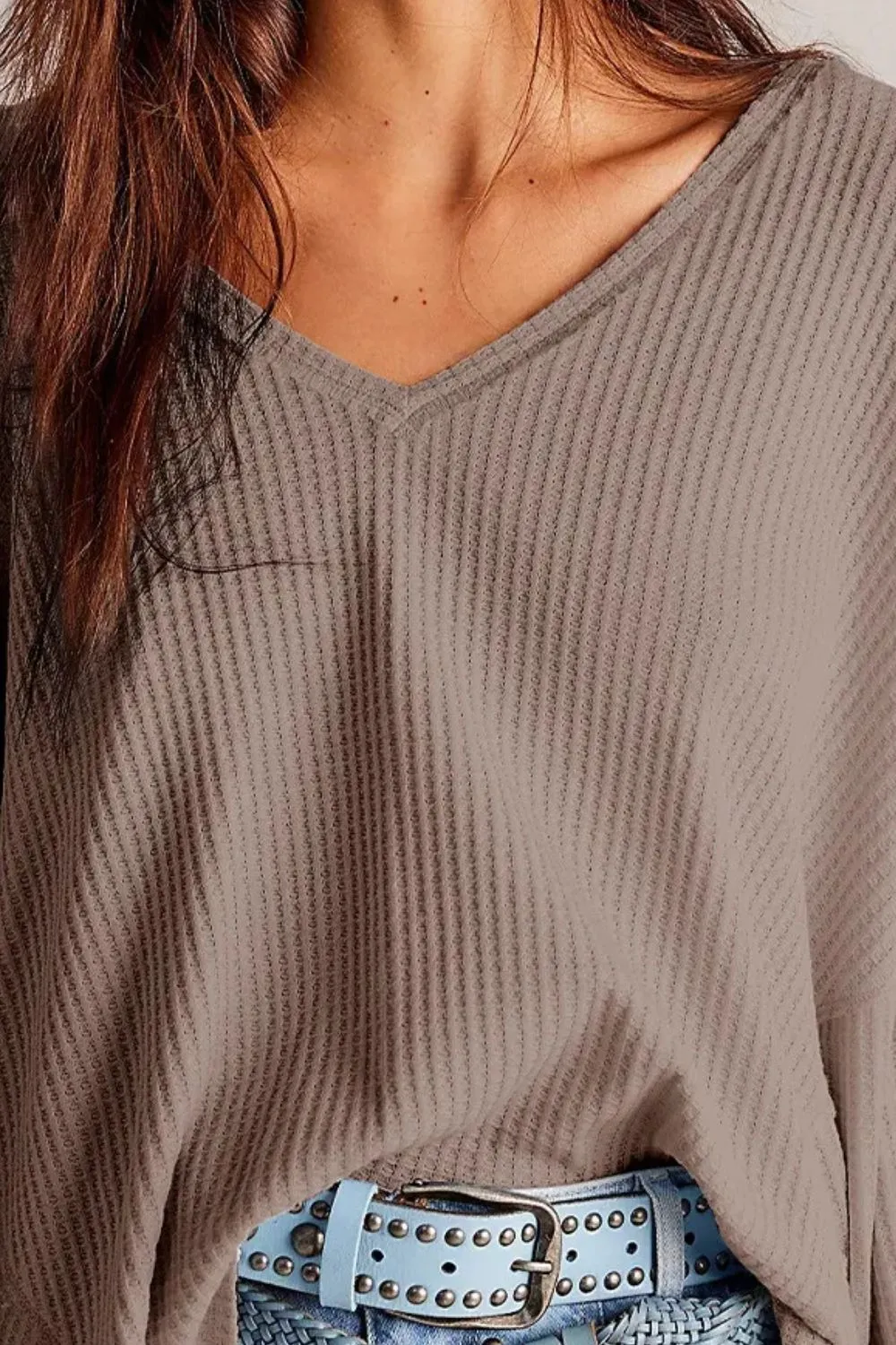 Waffle-Knit V-Neck Long Sleeve Top, image 9