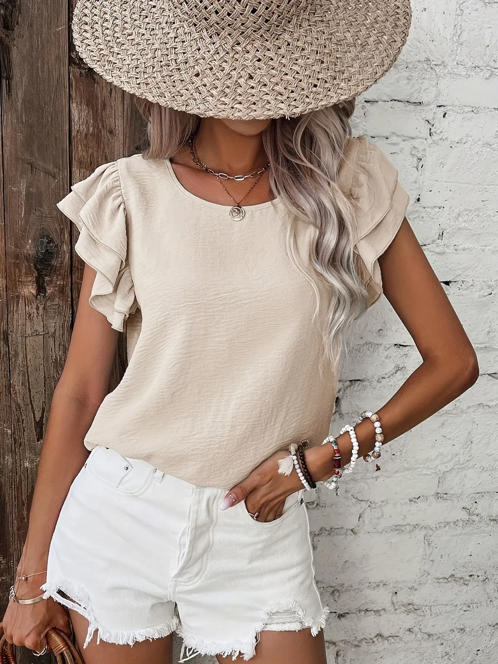 Ruffled Round Neck Cap Sleeve Blouse, image 4