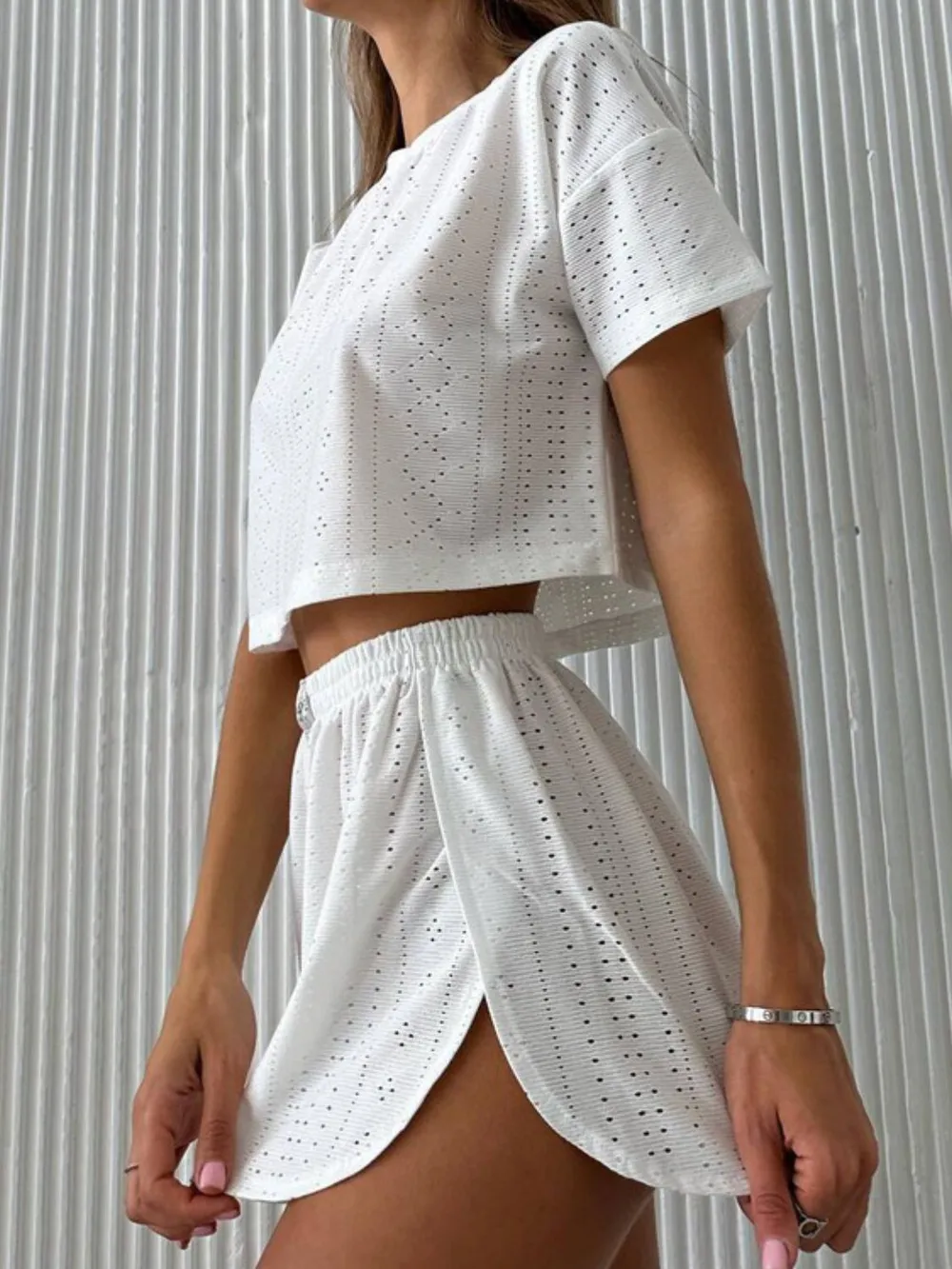 Eyelet Round Neck Top and Shorts Set, image 4