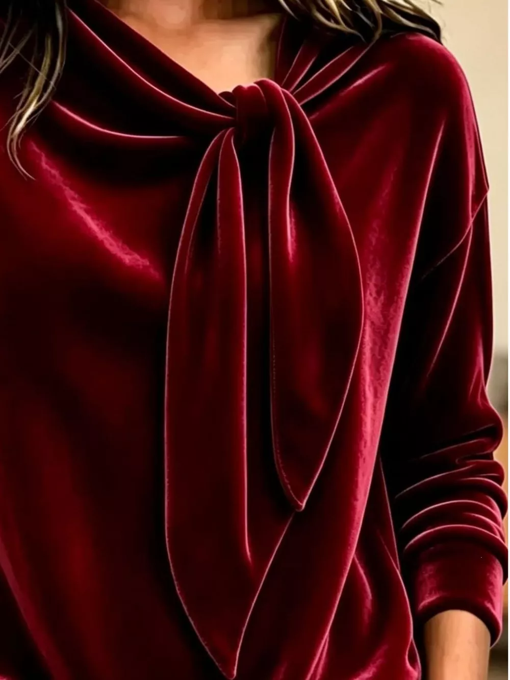 Velvet Tie-Neck Long Sleeve Sweatshirt, image 10
