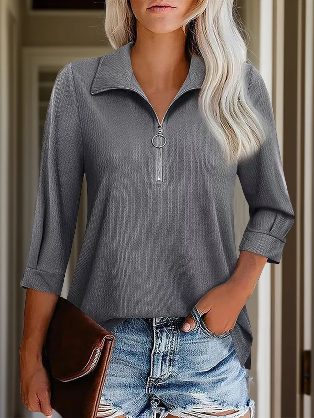 Half Zip Collared Neck Three-Quarter Sleeve T-Shirt, image 2