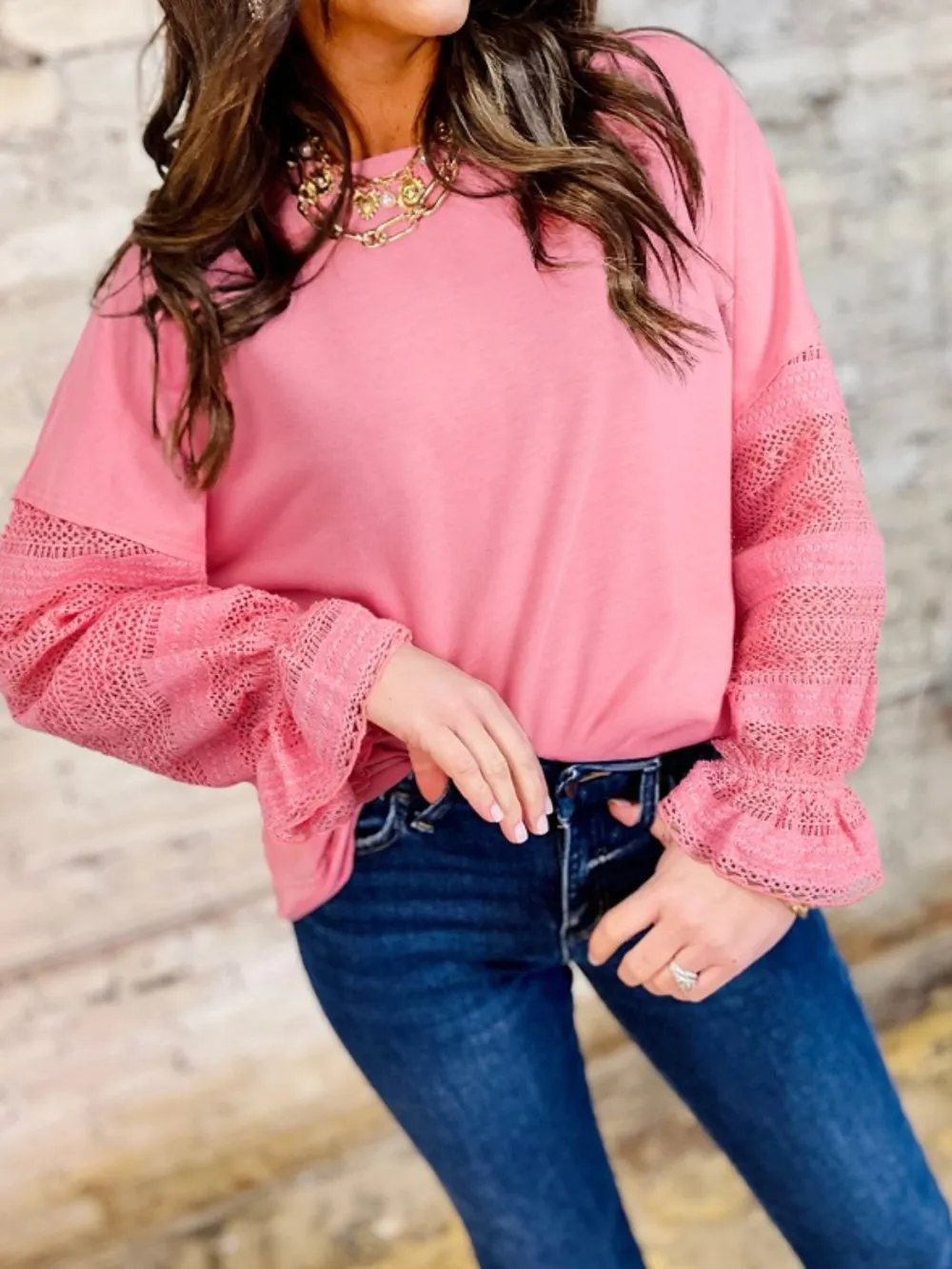 Lace Detail Flounce Sleeve Sweatshirt