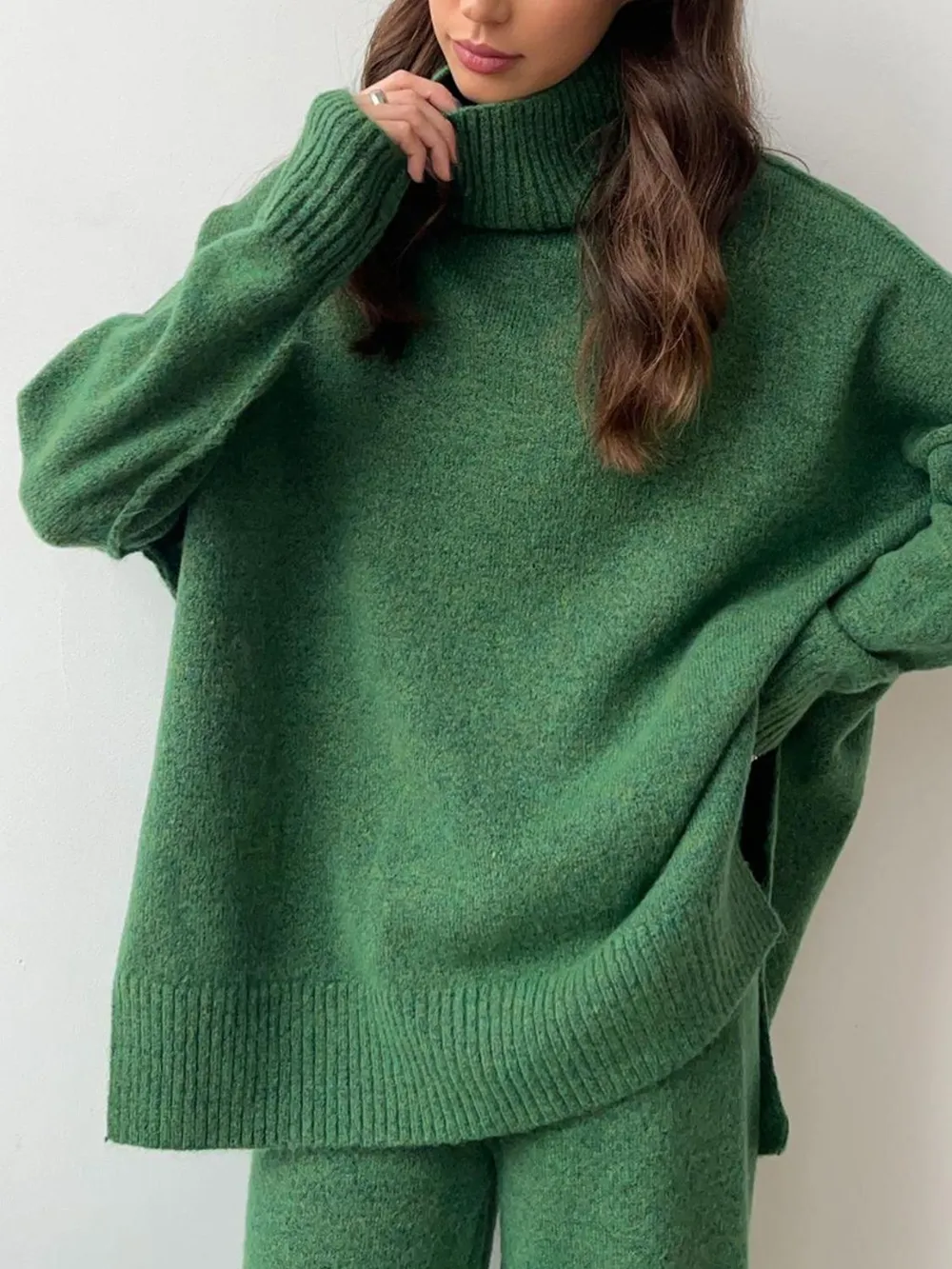 Slit Turtleneck Long Sleeve Top and Pants Sweater Set, image 13