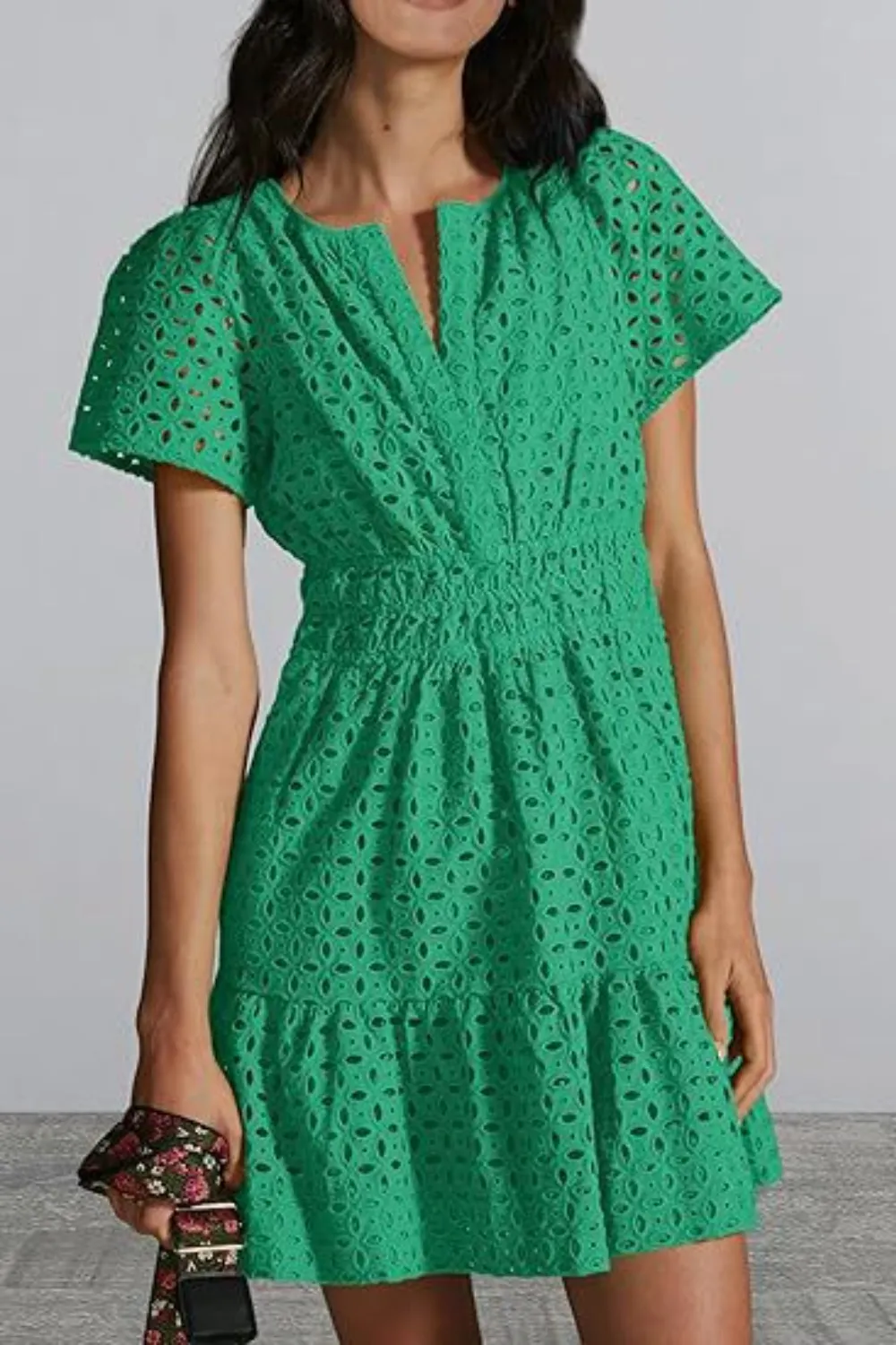 Eyelet Notched Short Sleeve Mini Dress, image 8