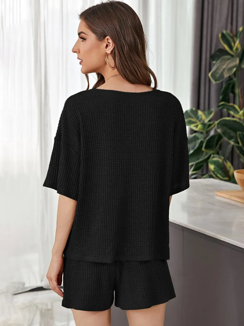 Full Size Waffle-Knit Dropped Shoulder Top and Shorts Set, image 9