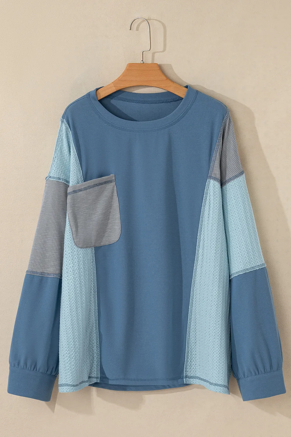 Patchwork Color Block Round Neck Long Sleeve Top, image 5