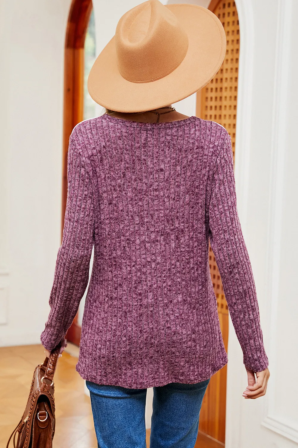 Eyelet Ribbed Round Neck Long Sleeve T-Shirt, image 24