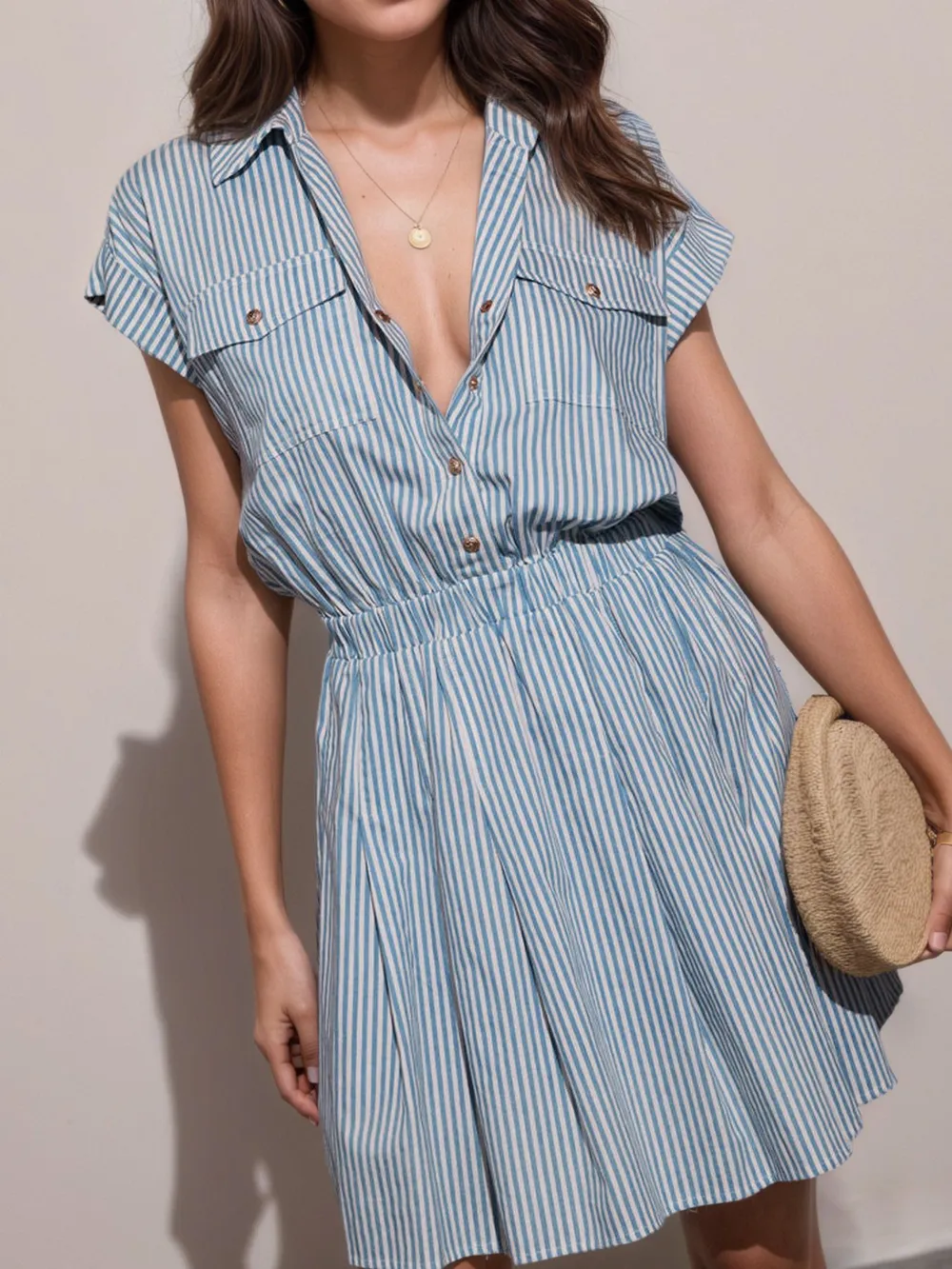Hlaf Button Striped Cap Sleeve Mini Shirt Dress, image 5