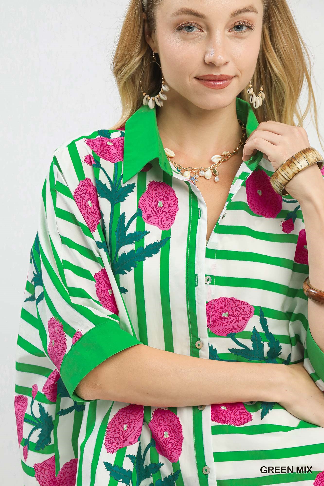 Mix Floral Stripe Button Down Top, image 7