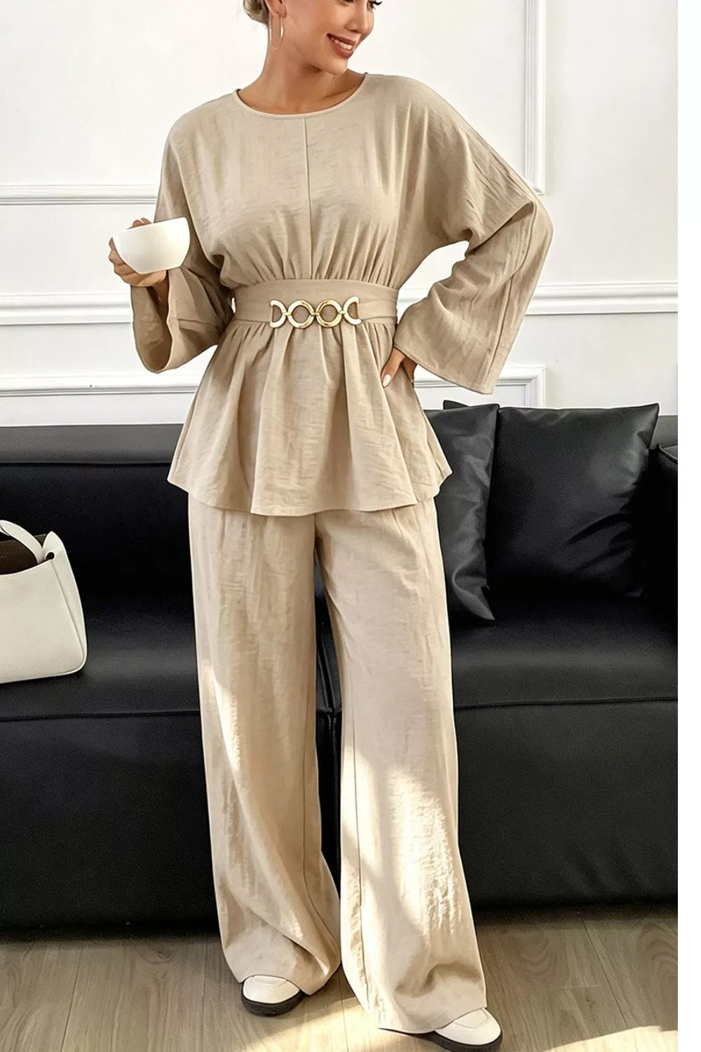 Metal Chain Waist Detail Top and Pants Set, image 2