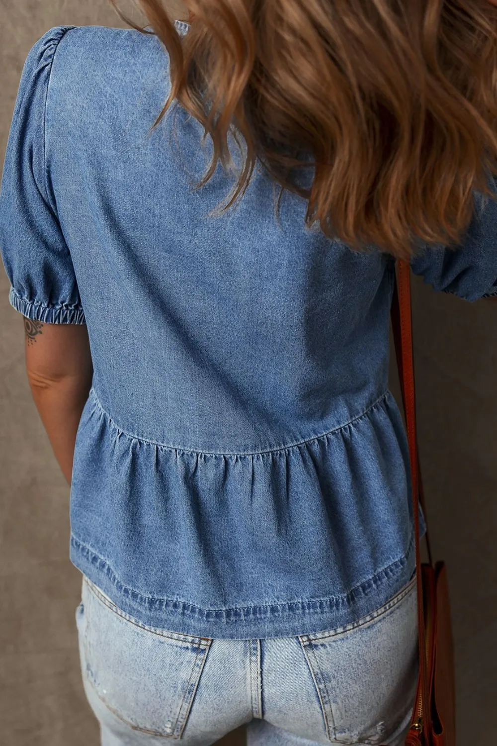 Tied Front Puff Sleeve Peplum Denim Shirt, image 5