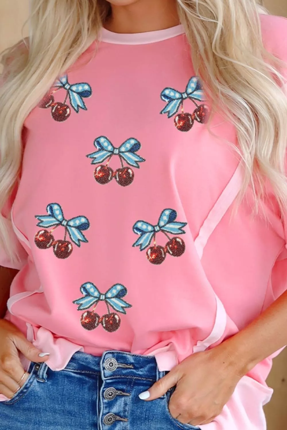 Raw Seam Color Block Sequin Cherry Graphic Casual Shift Top, image 5