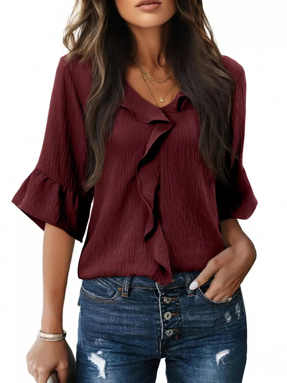 Ruffle Trim V-Neck Blouse, image 26