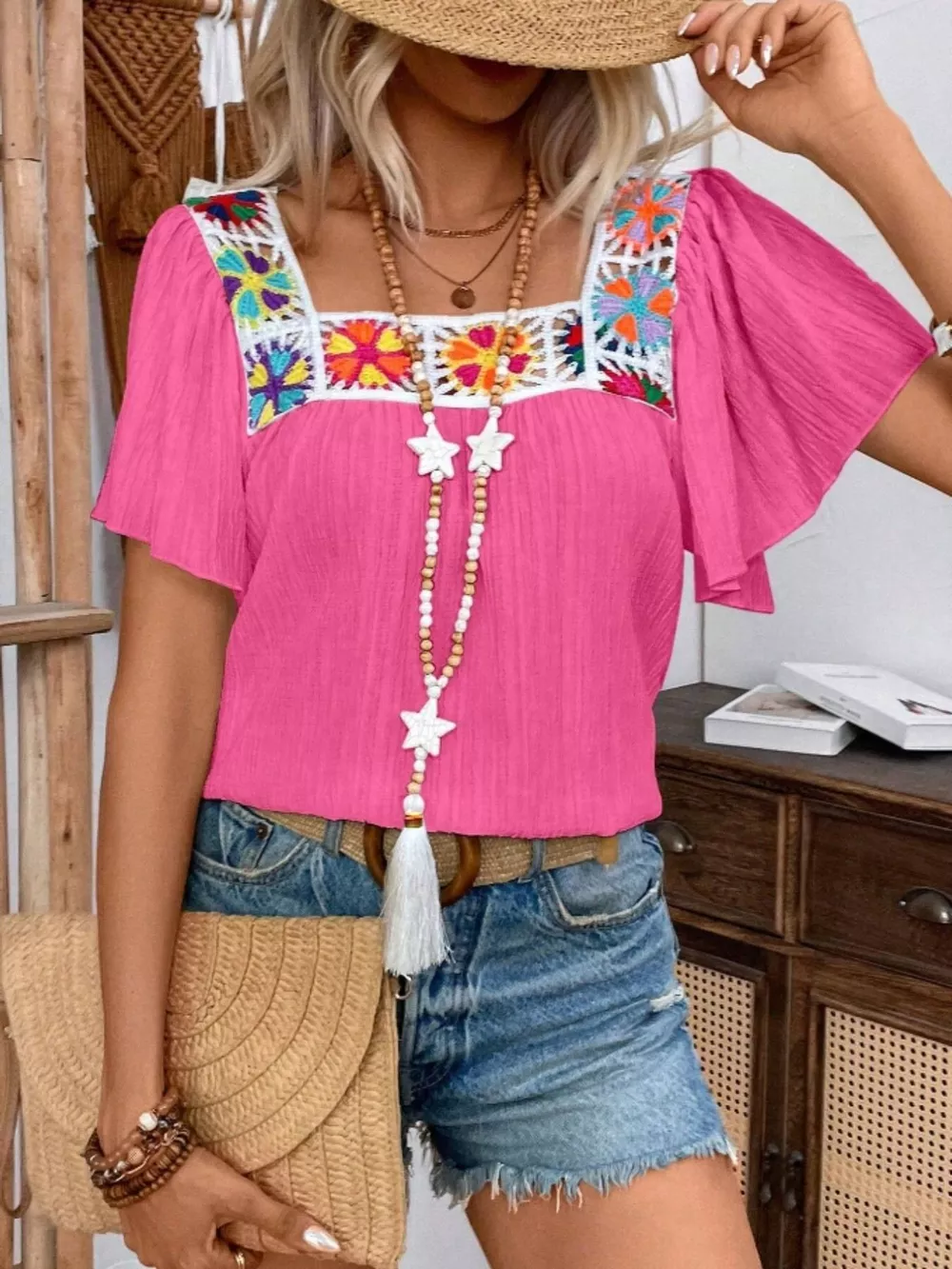 Embroidered Square Neck Flutter Sleeve Blouse, image 21