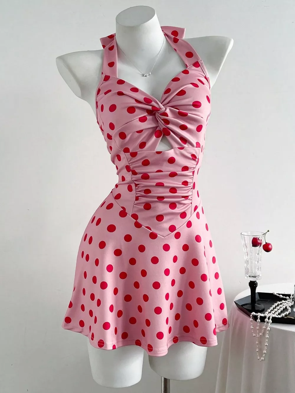 Polka Dot Halter Neck Twisted Front Mini Dress, image 3