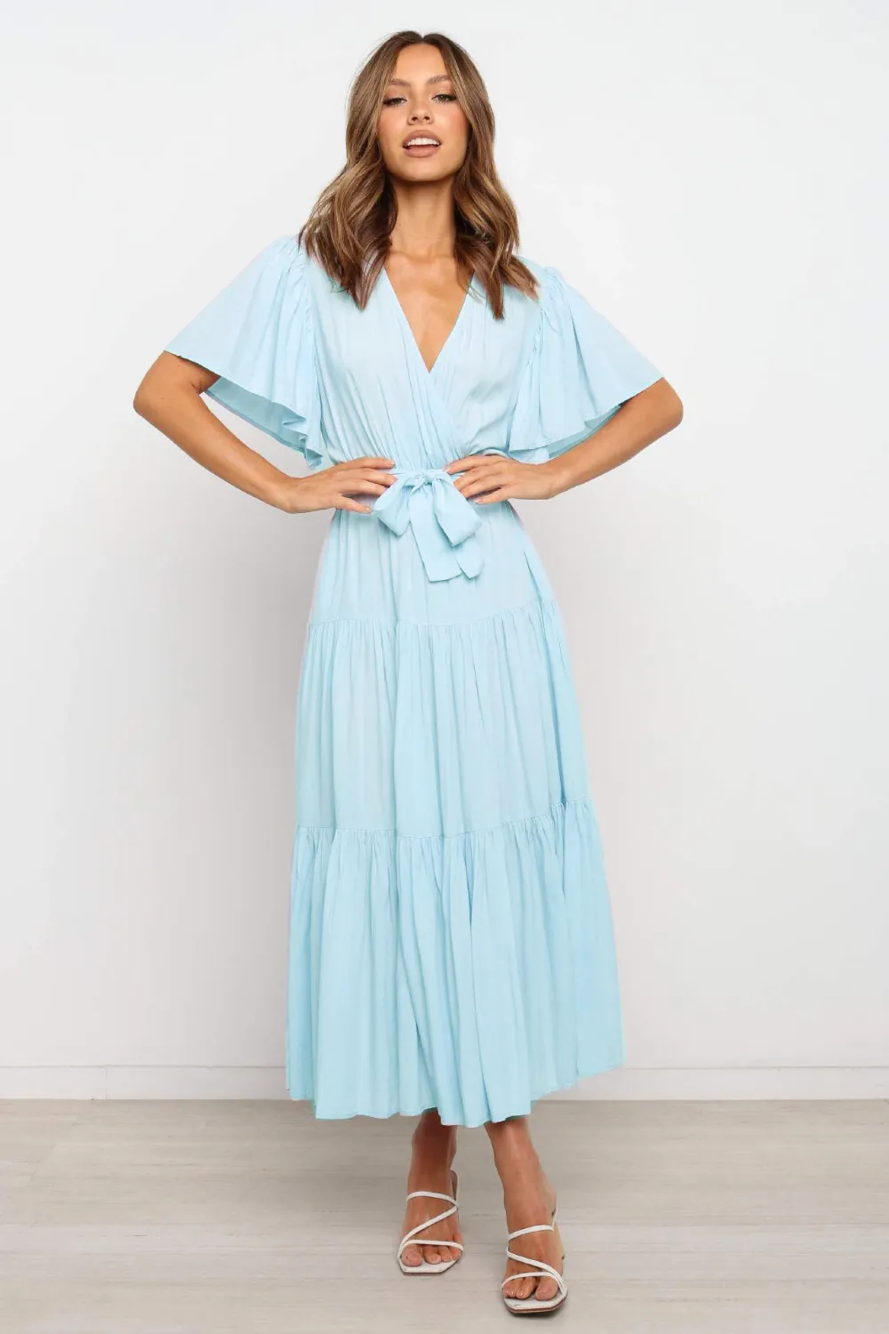 Tied Back Tiered Short Sleeve Midi Dress