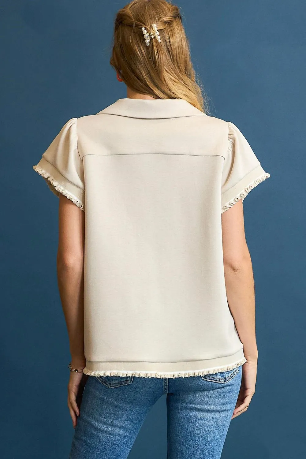 Frill Hem Half-Zip Collared Blouse, image 3