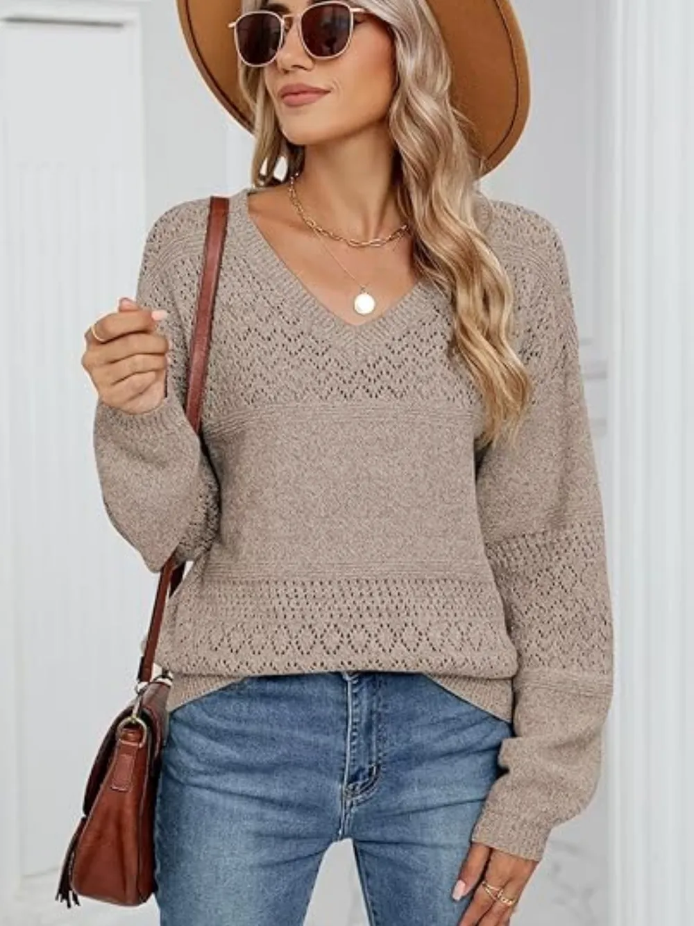 Eyelet V-Neck Long Sleeve Sweater, image 8