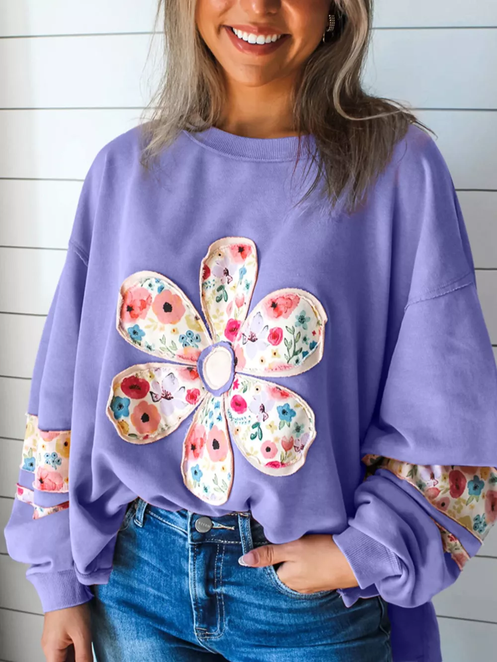 Plus Size Floral Applique Drop Shoulder Sweatshirt, image 5