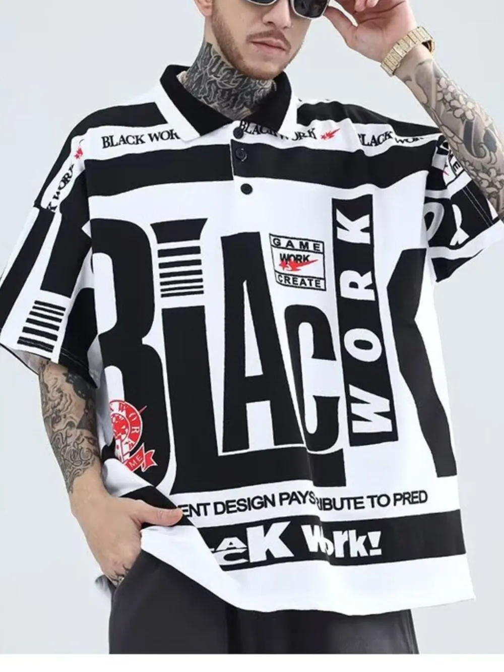Men's Plus Size Letter Print Half Sleeve Polo Shirt, image 2