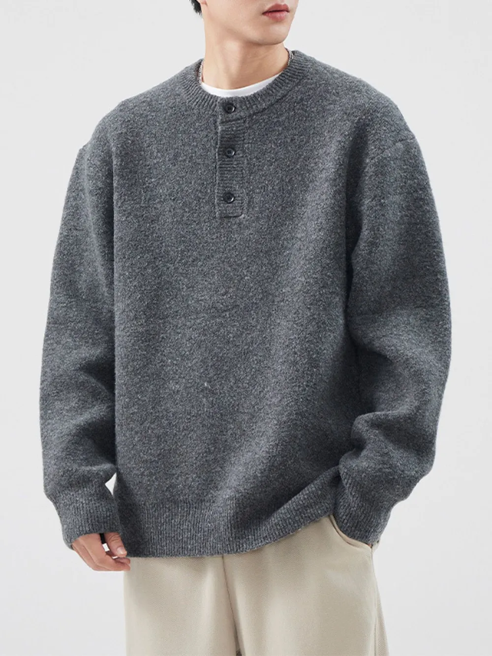 Men's Plus Size Button Detail Ribbed Hem Sweater, image 6