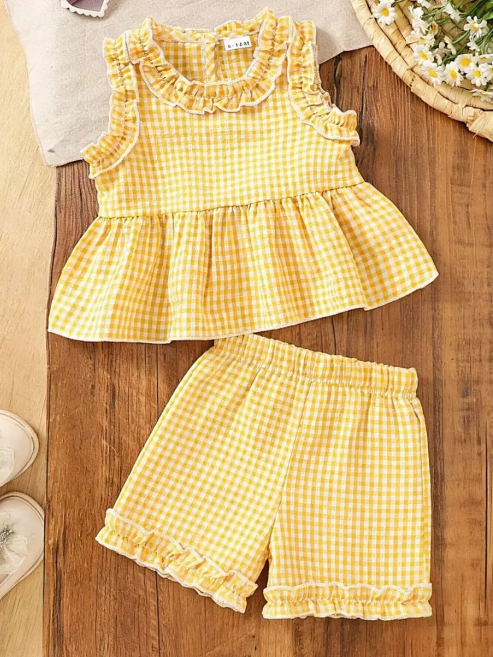 Children's Gingham Ruffle Trim Tank Top & Shorts Set, image 7