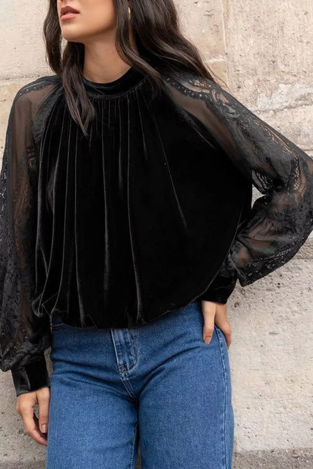 Solid Color Sheer Lace Long Sleeve Patchwork Stand Neck Velvet Blouse, image 2