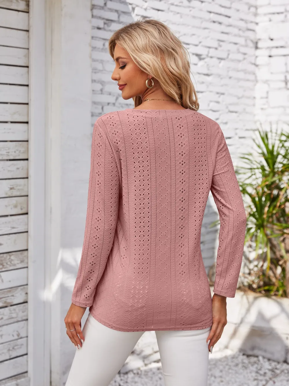 Decorative Button Openwork V-Neck T-Shirt, image 16