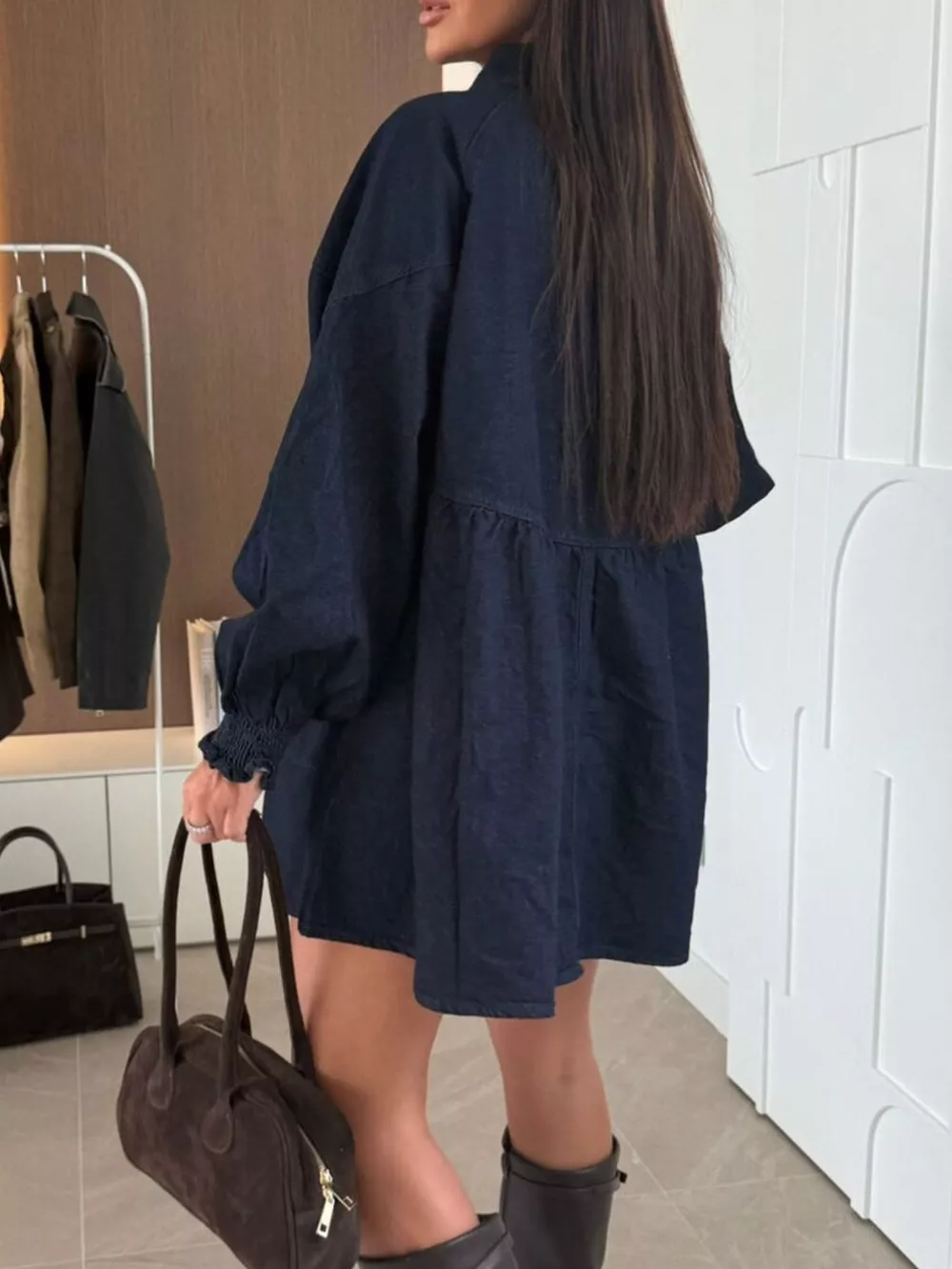 Button Down Mini Denim Dress with Front Pockets, image 7