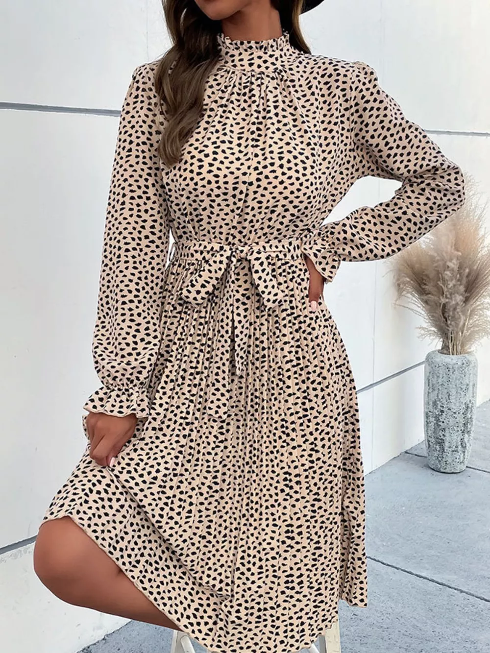 Animal Print Mock Neck Flounce Sleeve Dress, image 3