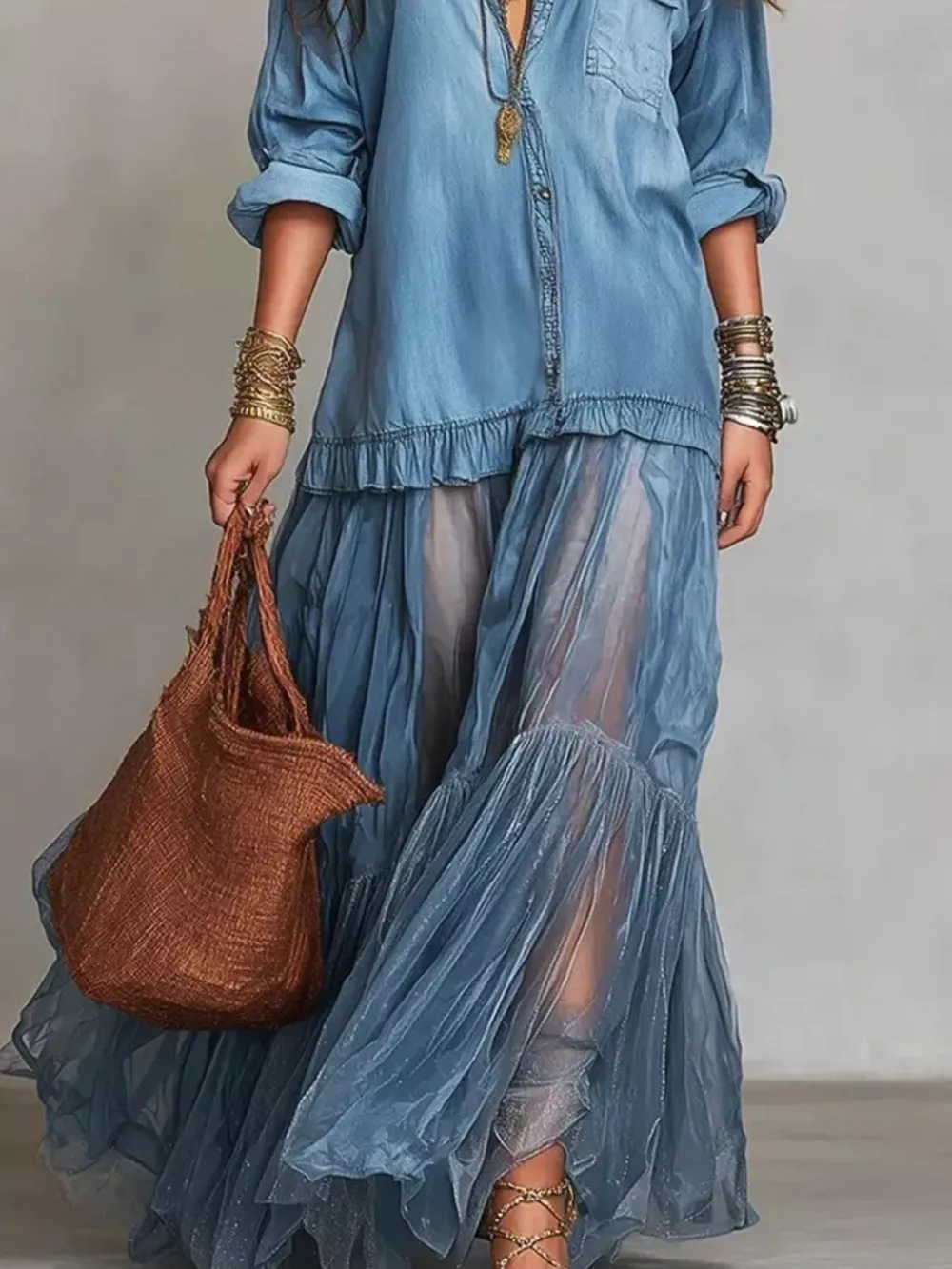 Full Size Tiered Long Sleeve Denim Shirt Maxi Dress Plus Size, image 2