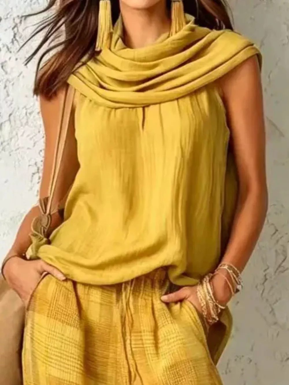 Full Size Sleeveless Cowl Neck Top and Plaid Wide-Leg Pant Two-Piece Set Plus Size, image 17