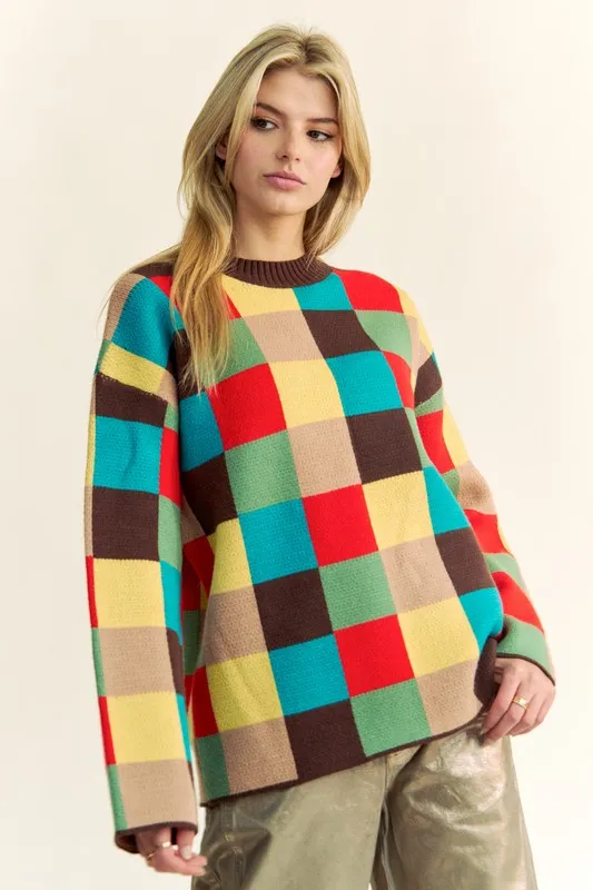 Color Block Checkered Dropped Shoulder Sweater, image 5