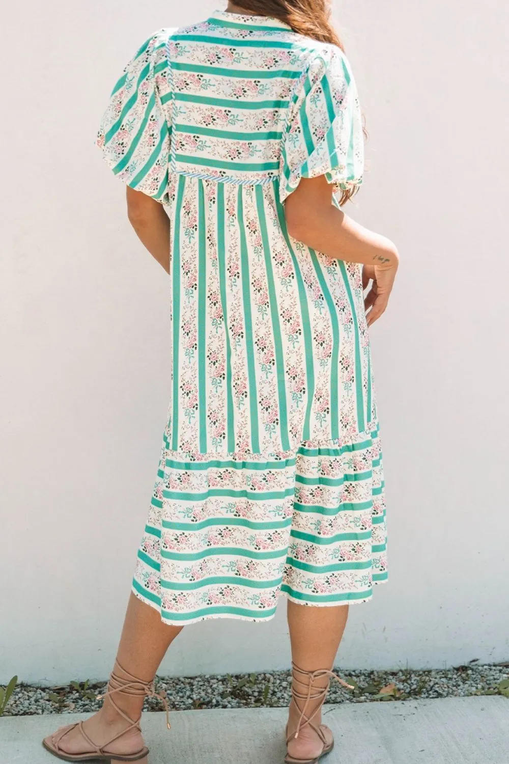 Striped Floral Print Tie Neck Puff Sleeve Midi Dress, image 9