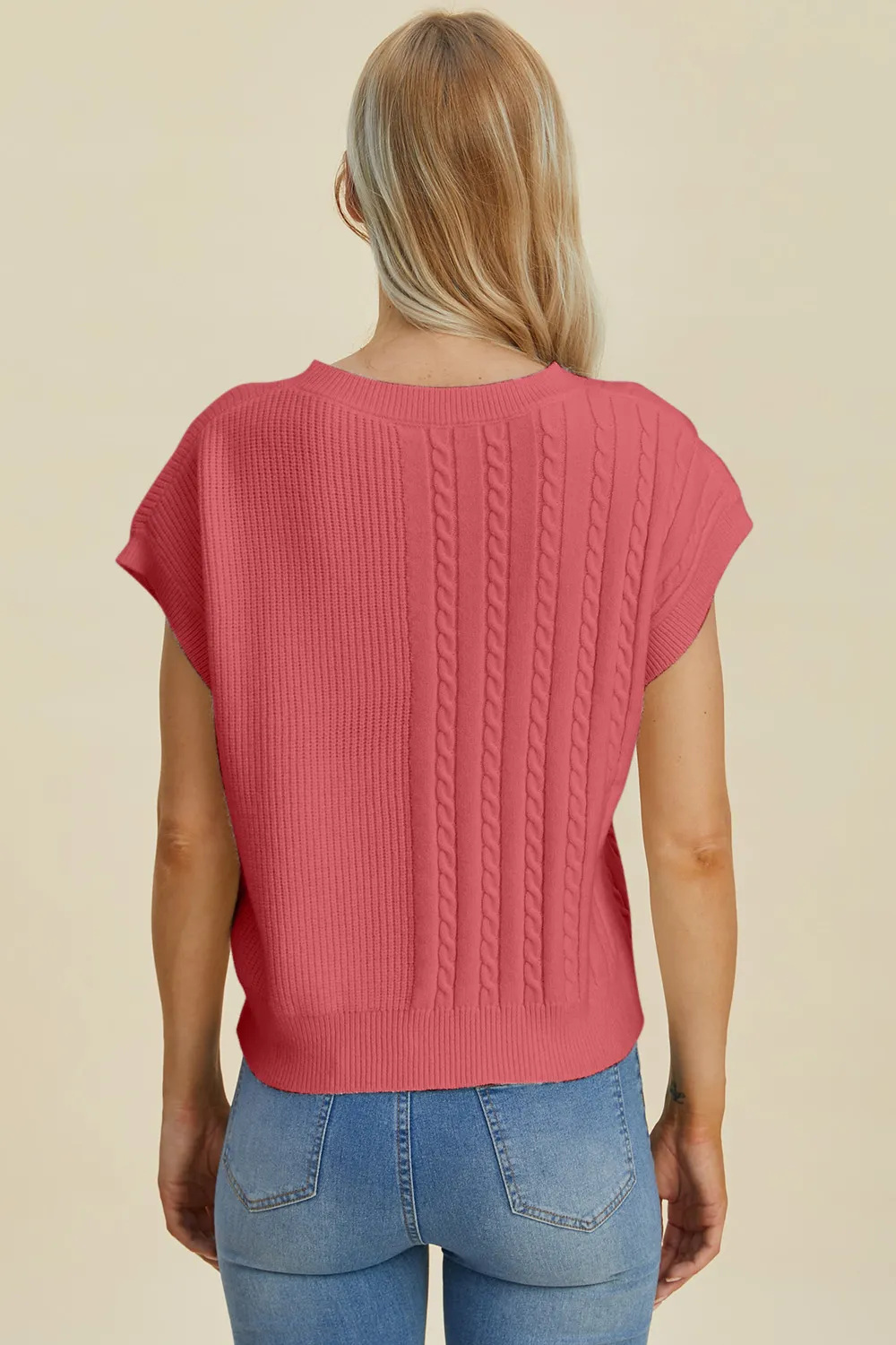 Full Size Cable-Knit Round Neck Short Sleeve Sweater, image 10