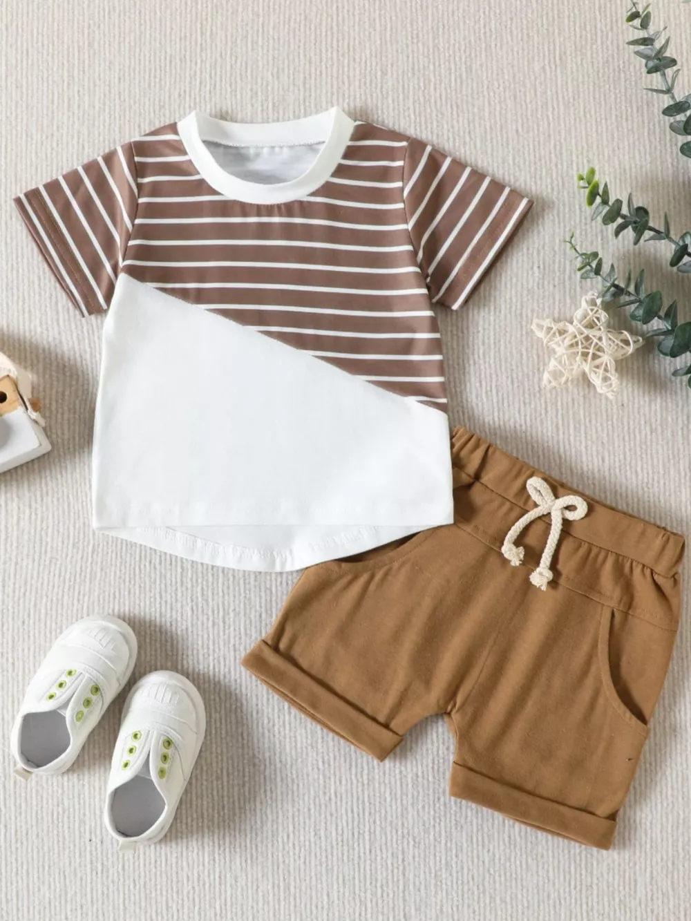 Children's Striped Color Block Casual Top and Shorts Set, image 6