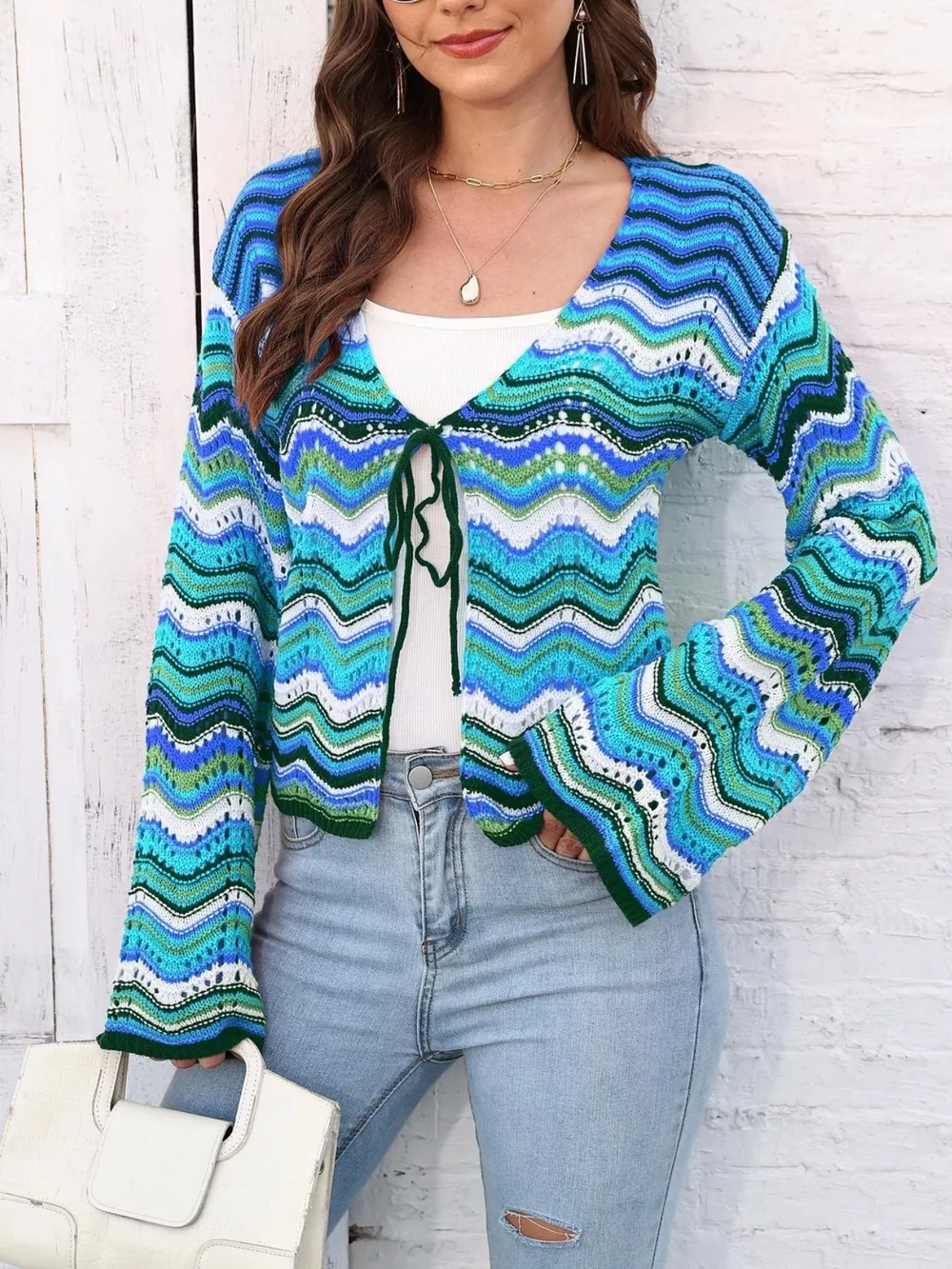 Vibrant Chevron Striped Tie-Front Knit Cardigan, image 12